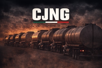 Letras blancas CJNG, barra verde, blanca y roja, hilera de camiones cisterna, carretera, cielo oscuro con tonos anaranjados.